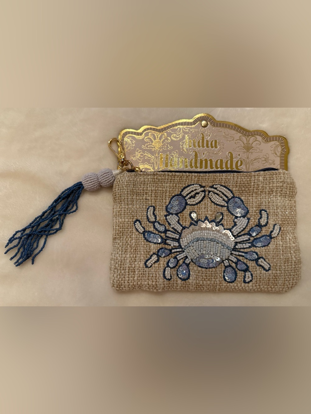 India Handmade Beaded blue crab pouch. NWT.